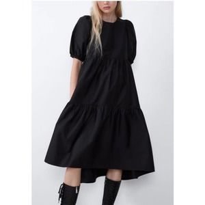 Zara Black Poplin Tiered Puff Sleeved Dress NWT XS